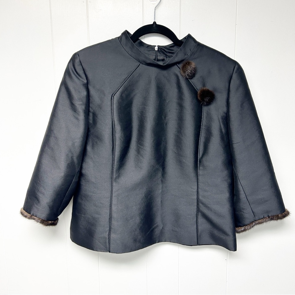 VTG Bigio Collection Wool and Silk Black Jacket with Faux Fur Cuffs 14